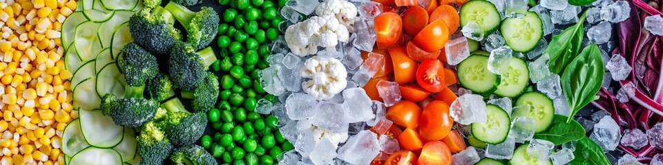Assortment of frozen vegetables on ice. Food supplies. View from above. place for text.