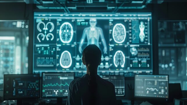 Medical professional analyzing complex data on screens in futuristic lab, focusing on human anatomy and health diagnostics.