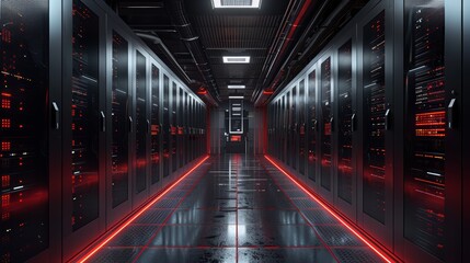 Fototapeta premium Futuristic data center with red neon lights illuminating server racks, showcasing modern technology and infrastructure.