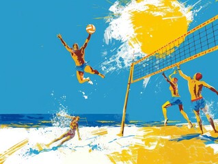 Beach Volleyball Action, illustrations, vacation time ,summer season.