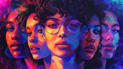 Vibrant digital artwork featuring a group of diverse women with colorful lighting and expressive faces, showcasing unity and individuality.