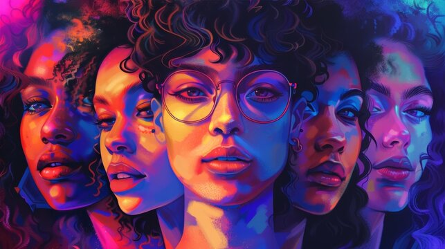 Vibrant digital artwork featuring a group of diverse women with colorful lighting and expressive faces, showcasing unity and individuality.