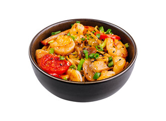 Shrimp stir fry in bowl isolated on white background