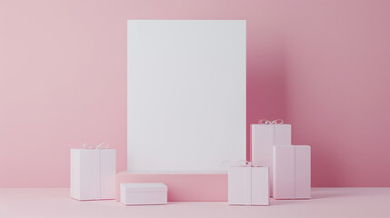 White blank paper set against a pink background with neatly arranged packages to the side, with copy space