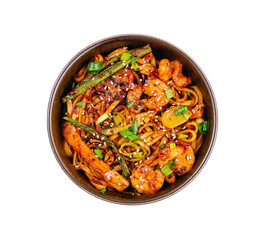Spicy stir-fried noodles and shrimp in a bowl