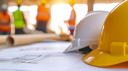 A construction safety helmet lies on a table with a construction plan against the background of workers