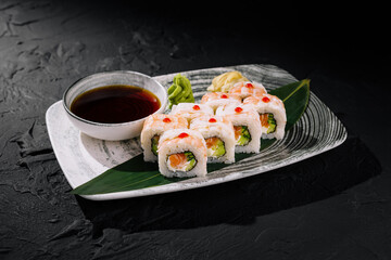 Fresh sushi platter with soy sauce