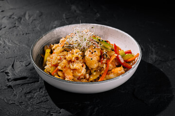 Gourmet shrimp fried rice in elegant bowl