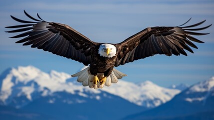 Obraz premium Majestic Bald Eagle Soaring in Clear Blue Sky with Snow-Capped Mountains in Background