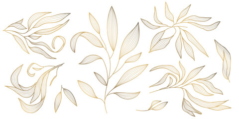 Vector set of gold wavy leaves isolated, plant branch line illustration, luxury foliage decoration. Vintage ornament elements, jungle, summer background