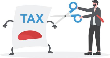 Illustration of businessman holding big scissors about to cut tax paper

