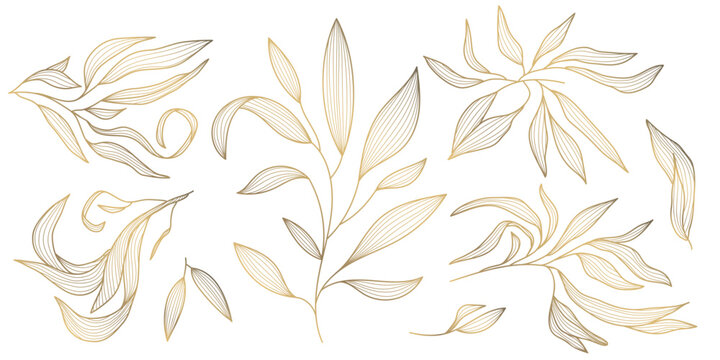Vector set of gold wavy leaves isolated, plant branch line illustration, luxury foliage decoration. Vintage ornament elements, jungle, summer background