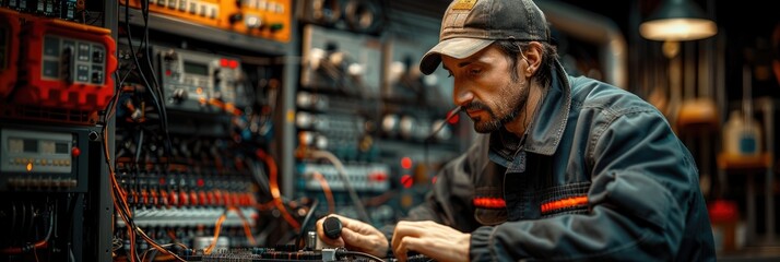 A man in a blue jacket works on electrical wiring in a workshop.