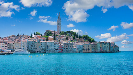 City panorama of Rovinj, a charming harbor town on the west coast of Istria and one of the most...