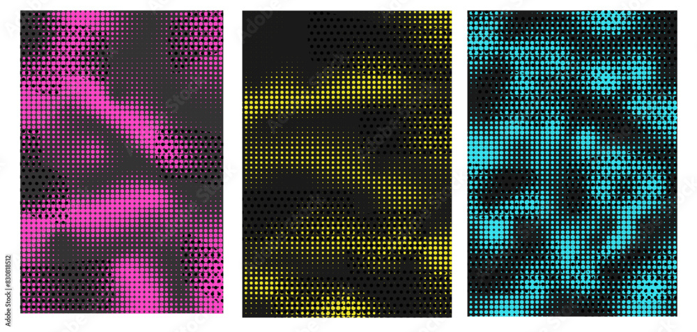 Wall mural Set of abstract cover with neon halftone texture. Black background with dots gradient print. Grunge dotted backdrop with circles dots.