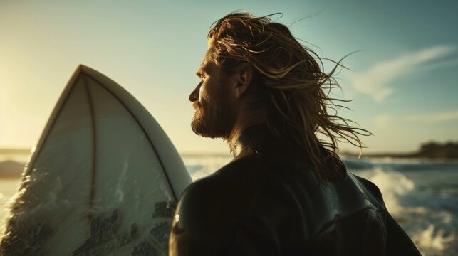 Man in wetsuit holding surfboard in front of majestic ocean waves, ready for thrilling adventure surfing experience