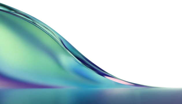 Abstract liquid glass shape with colorful reflections. Ribbon of curved water with glossy color wavy fluid motion. Chromatic dispersion flying and thin film spectral effect.