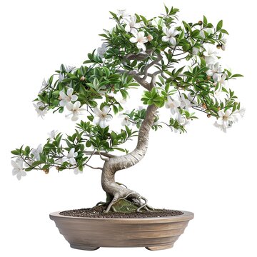 Serissa Bonsai with delicate white flowers, isolated white background