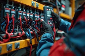 A technician in blue overalls checks electrical components with a multimeter.