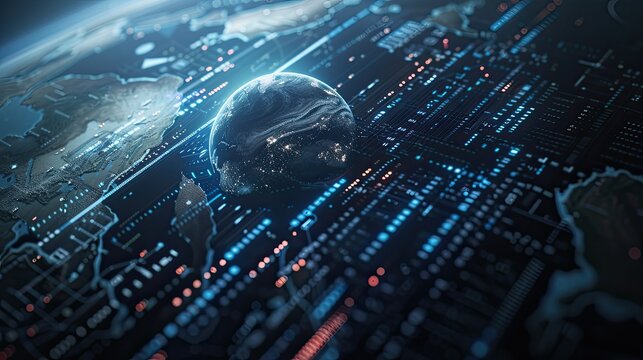 Planet Earth, seamlessly integrated into a futuristic data hologram screen against a dark blue background, creating a high-tech digital interface that showcases the world's geography from space.