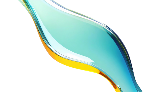 Abstract liquid glass shape with colorful reflections. Ribbon of curved water with glossy color wavy fluid motion. Chromatic dispersion flying and thin film spectral effect.