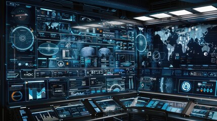 Obraz premium Planet Earth, seamlessly integrated into a futuristic data hologram screen against a dark blue background, creating a high-tech digital interface that showcases the world's geography from space.