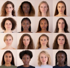 Modeling business. Portfolio of female models of different skin color. Genetics. Diversity