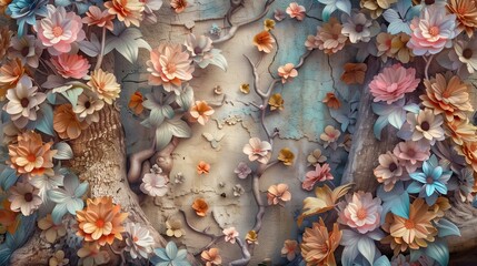 A stunning composition of elegant, colorful 3D flowers interwoven with delicate leaves on a tree, forming an abstract and captivating background perfect for interior wall art decor, captured 