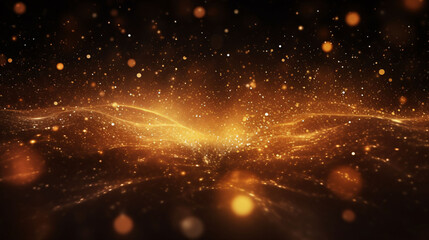 Obraz premium Dark abstract background with golden waves and particles