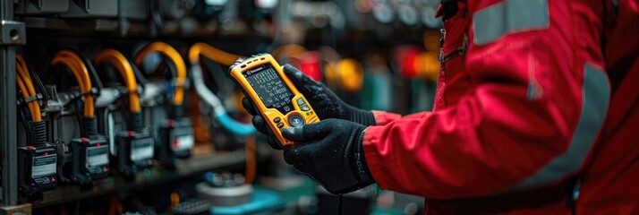 Worker in red jacket using a handheld device in an industrial setting.