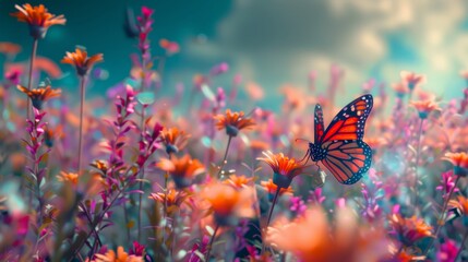 A butterfly is flying in a field of flowers