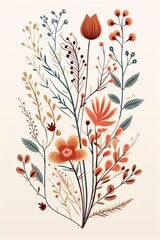 Naklejka premium Elegant hand-drawn botanical illustration of various flowers and plants in earthy tones, perfect for decorative and design projects.