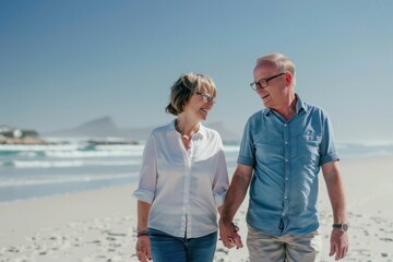 Happy elderly couple enjoying a romantic beach getaway under clear sky with serene ocean view
