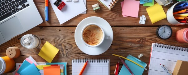 Cluttered desk with office supplies, coffee cups, and sticky notes, overhead view, highquality image, busy and detailed, perfect for workspace visuals