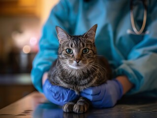 A tabby cat with green eyes is held by a veterinarian wearing blue gloves and a teal uniform.