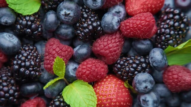 Top rotating view of fresh organic mix of berries. Blueberries, blackberries and raspberries with green mint leaves. 