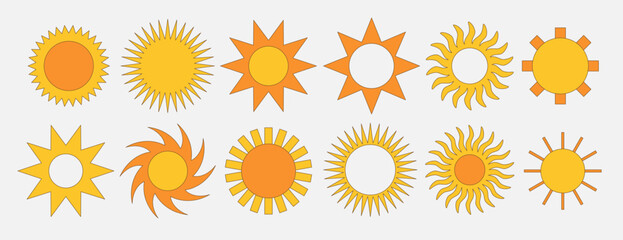 Set of retro sun shape. Geometric bust figures in vintage 70s 60s style. Sunbeam collection.