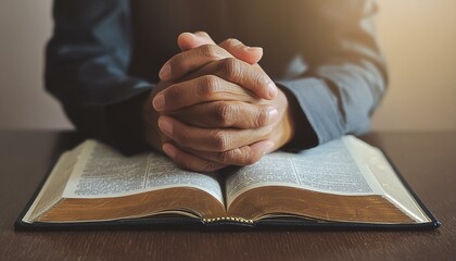 Man praying with the Bible - Reading the Holy Book of Christianity - Praying out of Faith and Believe in God - Christian Male during Bible Studies - Praying for salvation and Desperation