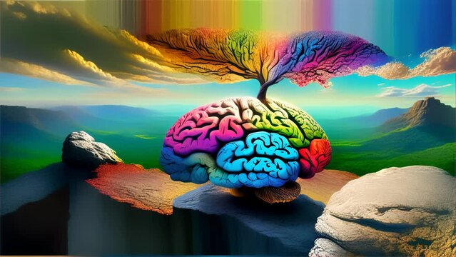 A colorful and imaginative image of a brain with a tree growing from it in a vibrant landscape. Ideal for themes of creativity, nature, and knowledge.. AI Generation