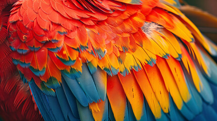 Fototapeta premium A colorful bird with a red and blue tail feather. The bird is sitting on a branch. The feathers are vibrant and eye-catching
