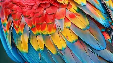 Obraz premium A colorful bird with a red and blue tail feather. The bird is sitting on a branch. The feathers are vibrant and eye-catching