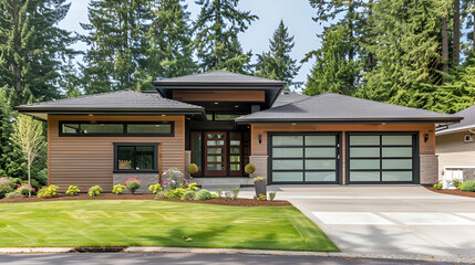Fototapeta premium Contemporary low slope roof brown siding glass garage door in a new Northwest,A luxurious new construction home, Modern style of home with car garage,Luxury modern house with a garage. Home exterior