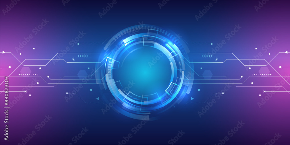 Aufkleber Abstract circles and lines futuristic concept. Data transfer and protection, internet communication on a blue background. High computer technology design. Modern science vector presentation.