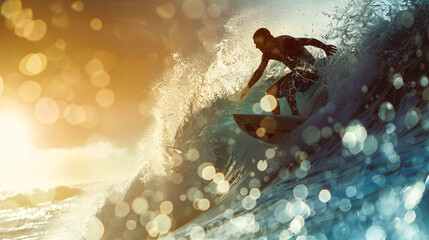 A surfer is riding a wave in the ocean. The sun is setting in the background, casting a warm glow on the water. The surfer is focused on maintaining his balance and speed as he rides the wave