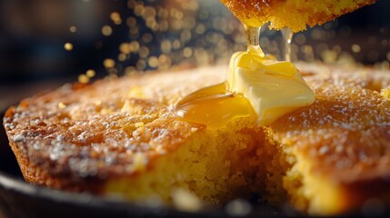 Close-up of cornbread with melted butter, copy space, comfort food, whimsical, Blend mode, rustic kitchen backdrop