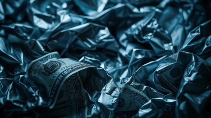 Closeup of crumpled dollar bills in a heap, close up, symbolizing riches, futuristic, Blend mode, dark blue backdrop