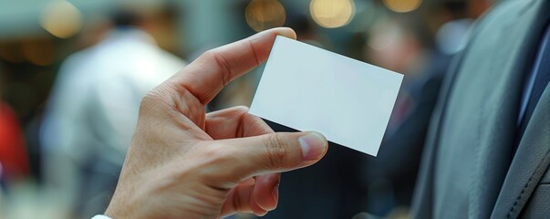 Closeup of hand holding business card, blurred networking event, professional setting, highresolution image, dynamic and engaging, ideal for business visuals