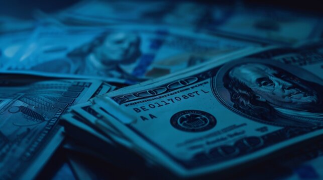 Closeup of dollar bills in a stack, selective focus, symbol of prosperity, ethereal, Multilayer, dark blue background backdrop
