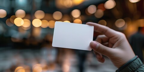 Closeup of a business card in hand, blurred background of a networking event, professional setting, highquality image, vibrant and engaging, perfect for business scenes
