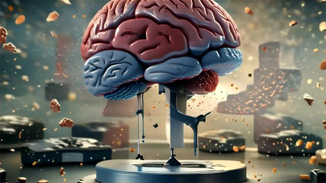 A dynamic image of a brain model exploding into pieces, symbolizing the power and complexity of the mind. Ideal for themes of neuroscience, innovation, and mental strength.. AI Generation